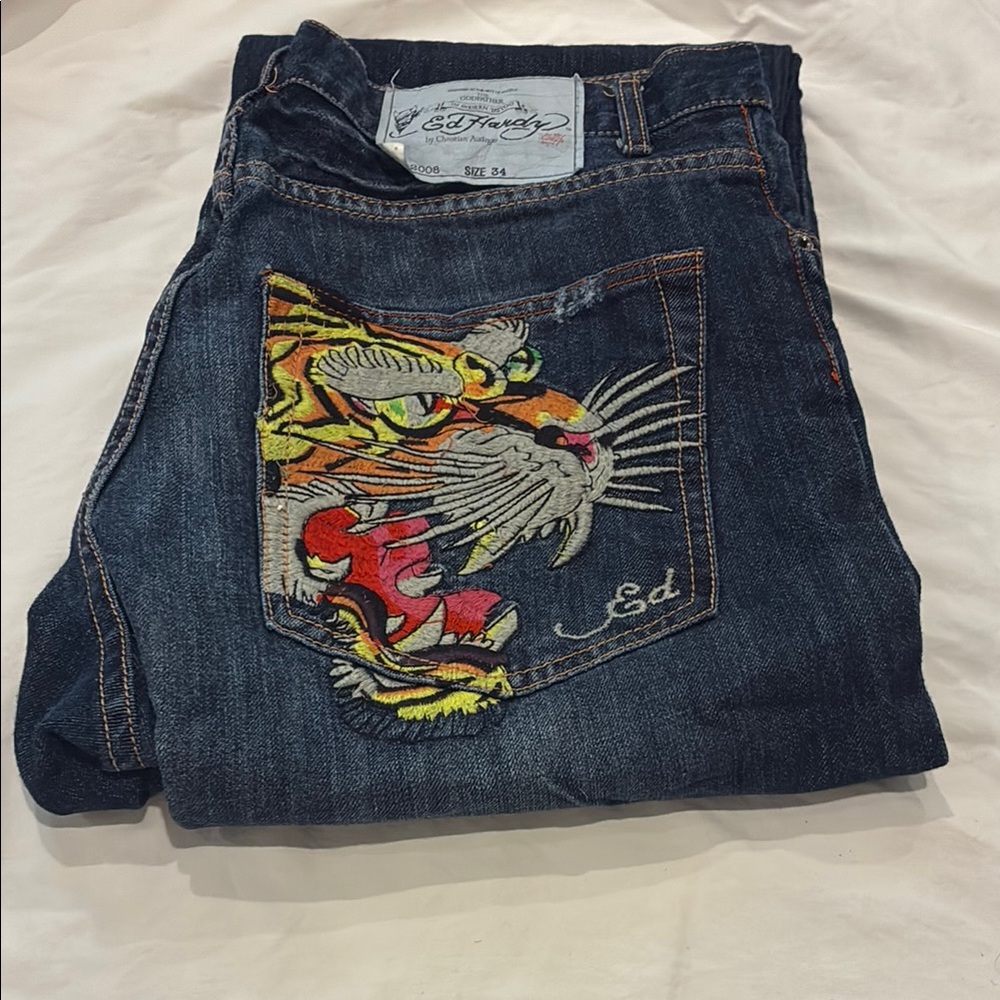 Ed Hardy Blue Relaxed Jeans with Tiger Design 34x34